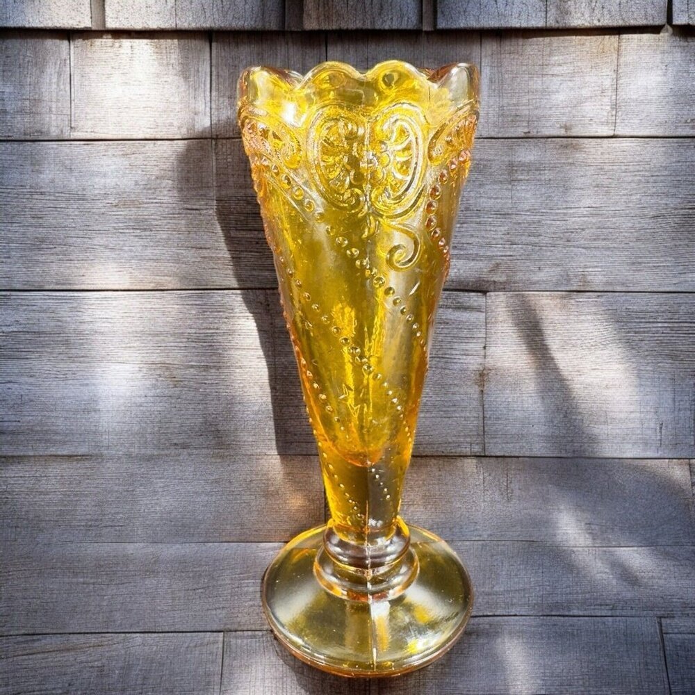 Vintage Mid Century Amber Glass Bud‎ Vase Beaded Wavy Edges Glass Vase VTG Decor